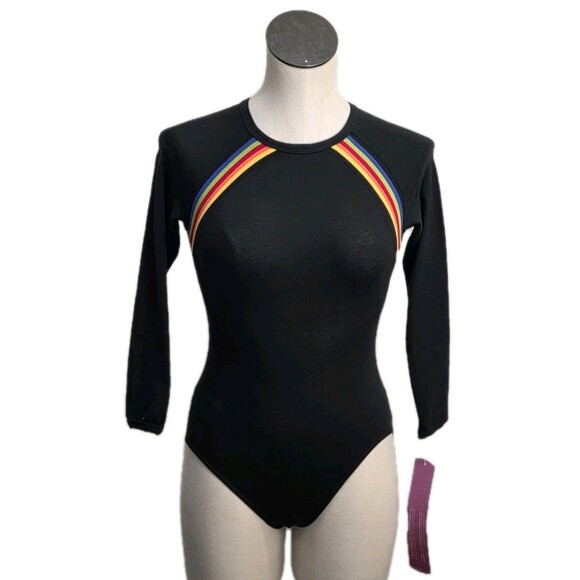 Gilda Marx VTG 80s Cotton Rainbow Stripe LS Leotard Adult XS (Y/J) Black - Picture 2 of 16